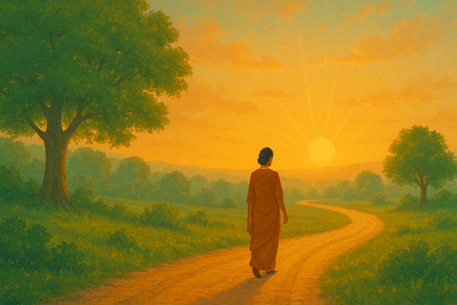 Woman in orange saree walking on a winding path at sunset, symbolizing a spiritual journey.